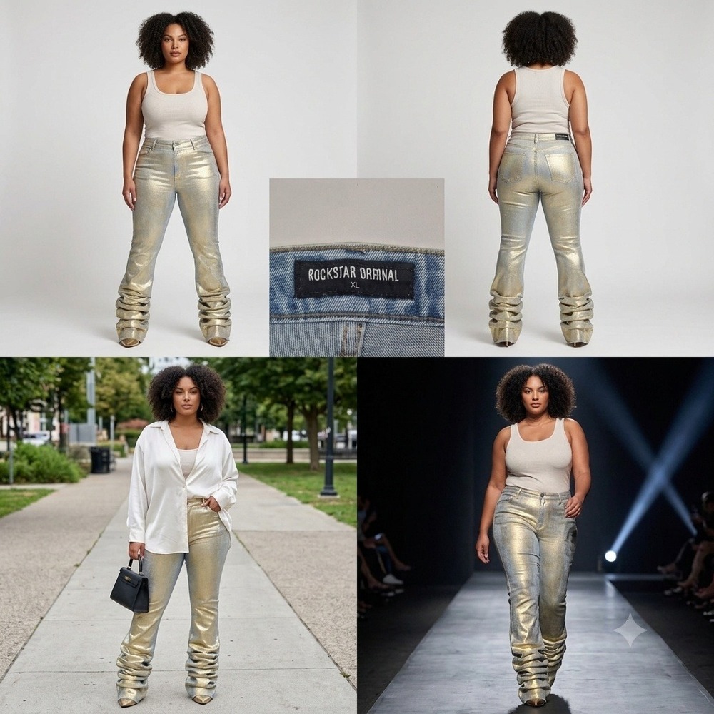 Rockstar Original Vittoria Jeans Women XL Gold Foil Light Wash Super Stacked